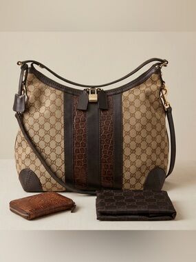 Gucci Secret GG Canvas & Crocodile Stripe Hobo Bag Set + Croc Wallet & Dustbag